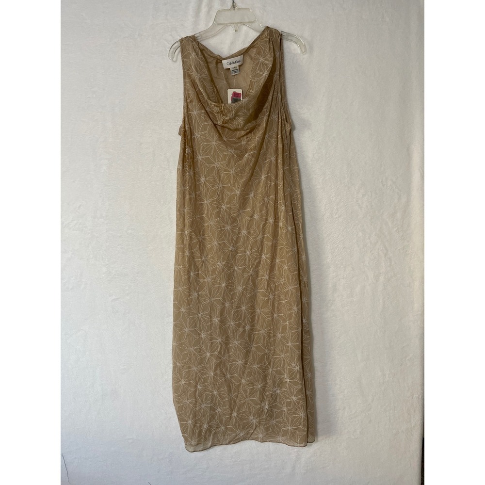 Calvin Klein Silk Tan Geometric Starburst Cowl Neck Sleeveless Midi Dress 14